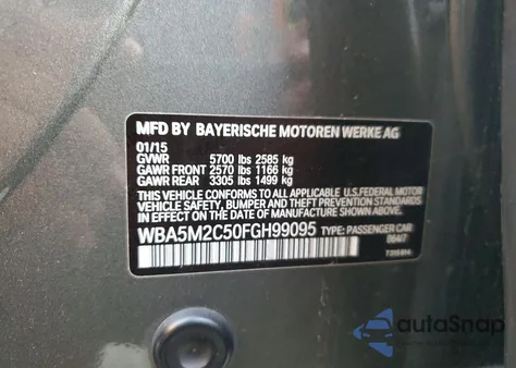 2015 BMW 535 Igt from USA, damaged, VIN WBA5M2C50FGH99095